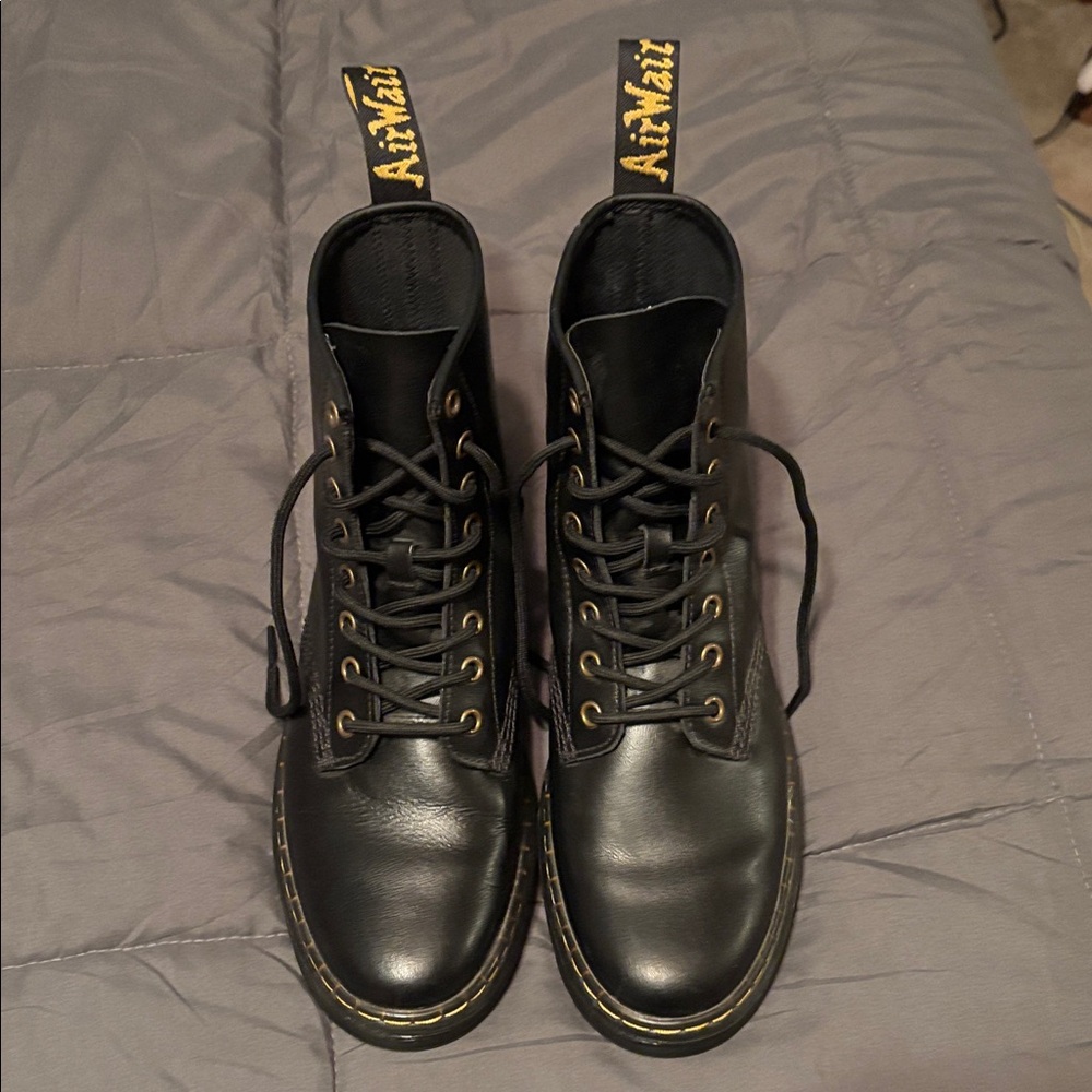 Dr. Martens Black Leather Lace-Up Boots with Yellow Stitching